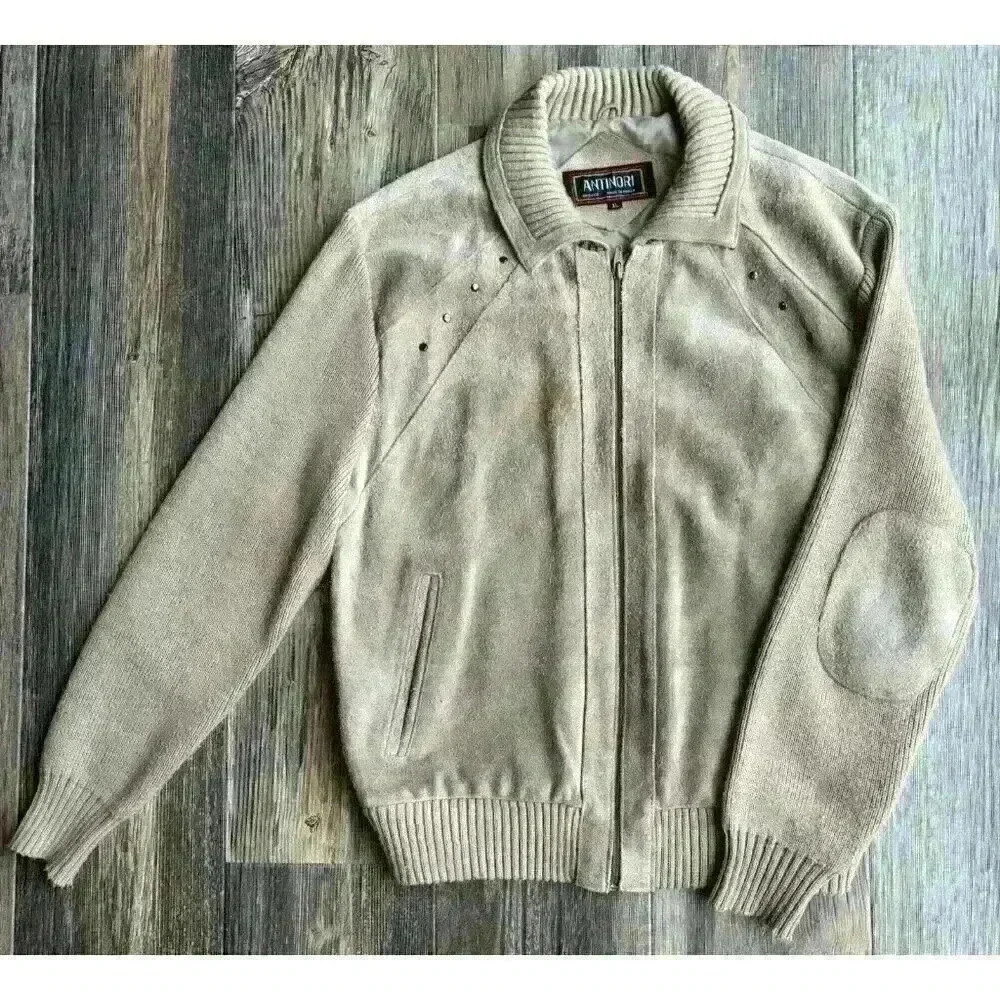 Vtg Antinori Leather & Knit Jacket Mens XL Tan Elbow Patches Eclectic Grandpa